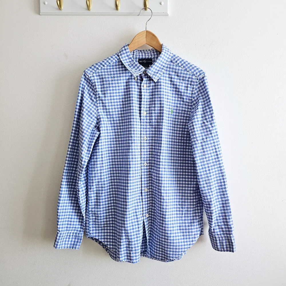 Ralph Lauren Preppy 100% Cotton Blue Gingham Button-Down Shirt, Boys XL (18–20)
